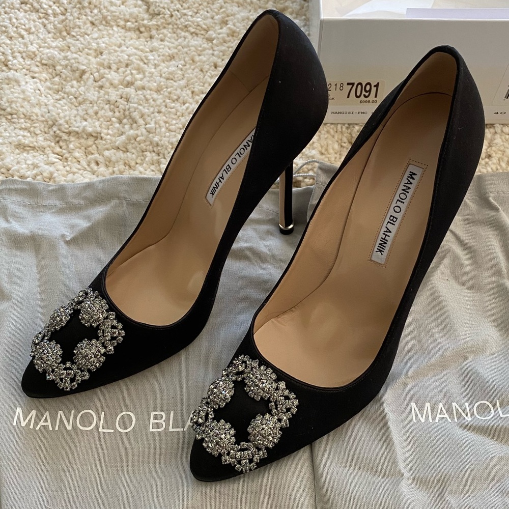 Manolo Blahnik Hangisi black satin 115mm size 40